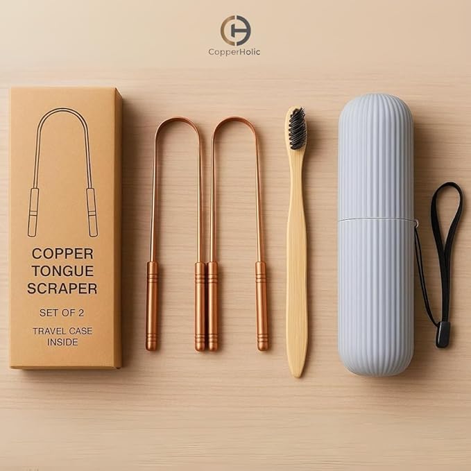 Tongue Scraper Set (2 Pack) – Pure Copper Cleaner Kit with Bamboo Toothbrush with Charcoal Bristles & Travel Case – Daily Oral Hygiene Tool for Men & Women