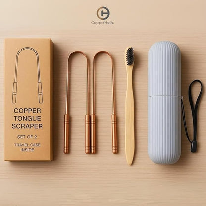 Tongue Scraper Set (2 Pack) – Pure Copper Cleaner Kit with Bamboo Toothbrush with Charcoal Bristles & Travel Case – Daily Oral Hygiene Tool for Men & Women
