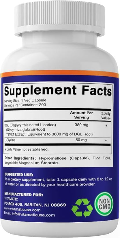 Vitamatic DGL Licorice 3800 mg Equivalent Per Serving (from 10:1 Extract 380 mg) - 10X Stronger - Supports Healthy Digestive & Respiratory Functions - 200 Capsules