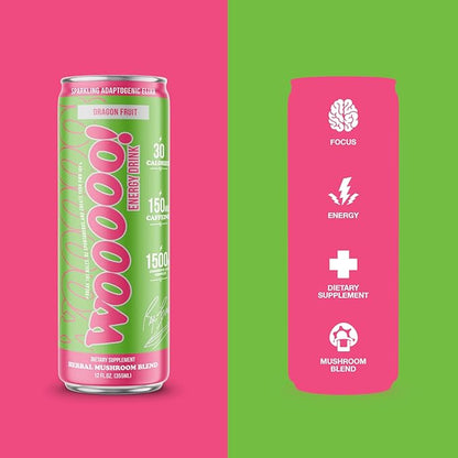 Wooooo! Energy Ric Flair Sparkling Adaptogenic Mushroom Energy Drink | Natural Antioxidants & Nootropics | Lion’s Mane & Cordyceps | 150mg Caffeine | 12 Pack (Dragon Fruit)