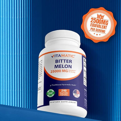 Vitamatic Bitter Melon- 25000 mg Equivalent Per Serving (from 25:1 Extract 1000 mg)- 240 Vegetarian Capsules, and Concentrated 25X Potency 100% Vegetarian, All-Natural and Non-GMO