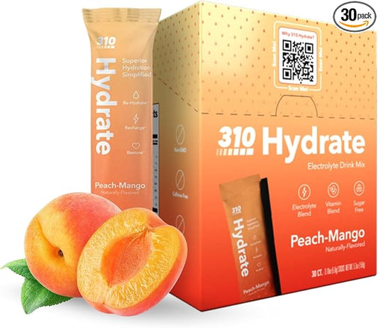 310 Hydrate Peach Mango Electrolytes Powder Packets - No Sugar Hydration Packets with Key Vitamins & Minerals - Keto Friendly - Tasty Sugar Free Electrolyte Drink - 30 Single Servings
