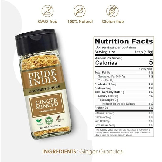 Pride of India – Ginger Minced Whole – Gourmet Spice – Rich in Antioxidant – Potent Flavor - Great for Adding Flavor to Stir Fries & Sauces – Easy to Use – 1.9 oz. Small Dual Sifter Bottle