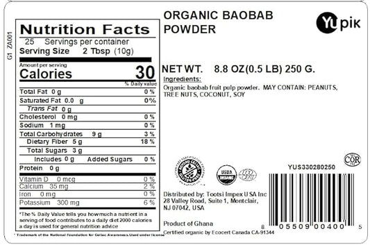 Yupik Organic Baobab Powder 8.8 oz, USDA Certified, Non-GMO, Vegan, Gluten-Free, Kosher, High in Fiber, Tart Superfood for Smoothies, Juices & Baking
