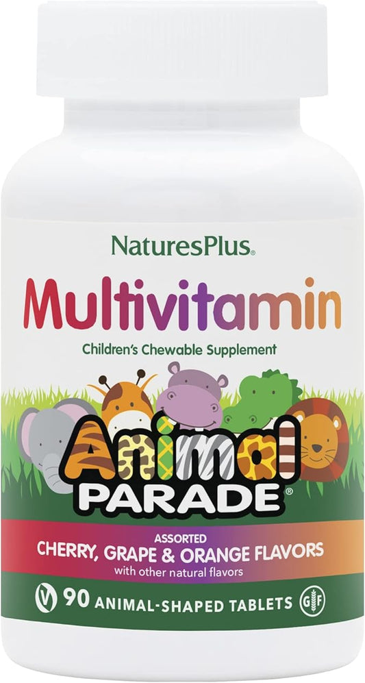 Natures Plus Animal Parade Children's Chewable Multivitamin - 90 Animal-Shaped Tablets - Natural Assorted Flavors - Vegetarian, Gluten Free - 45 Servings