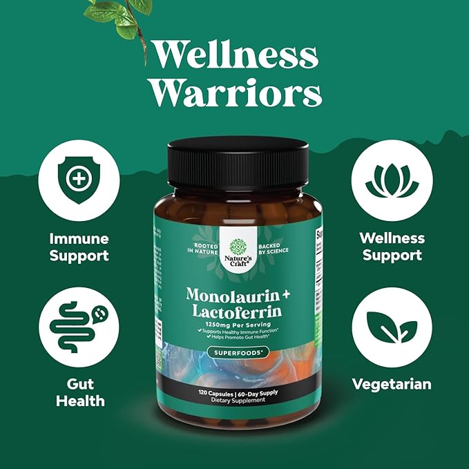Natures Craft High Strength Lactoferrin & Monolaurin Supplement - Microbiome Digestive Health Immune Support Supplement - 250mg Lactoferrin and Monolaurin 1000mg Capsules - Vegetarian (60 Servings)