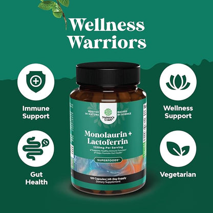 Natures Craft High Strength Lactoferrin & Monolaurin Supplement - Microbiome Digestive Health Immune Support Supplement - 250mg Lactoferrin and Monolaurin 1000mg Capsules - Vegetarian (60 Servings)