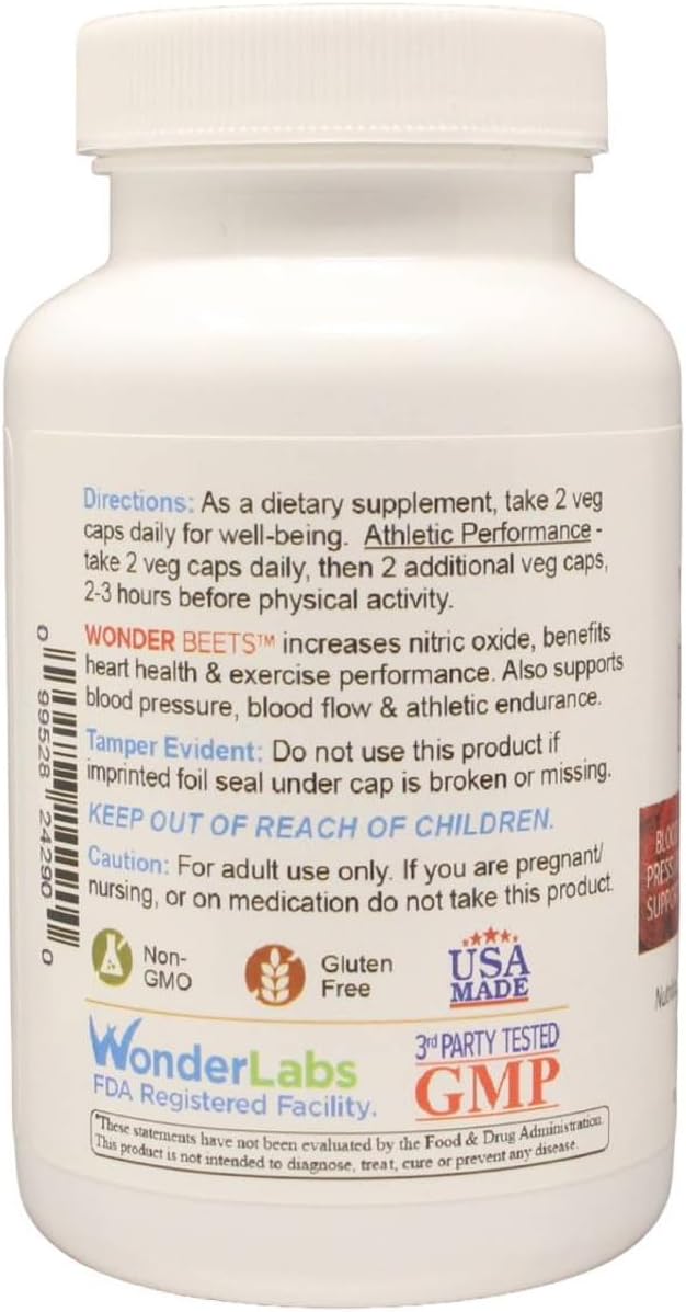 Wonder Beet Beet Root Capsules 1100mg, Standardized to 2% Nitrates, Helps Support Nitric Oxide Production, Blood Pressure, Heart Health, Contains Non-GMO Beetroot Powder and Grape Seed Extract (90)