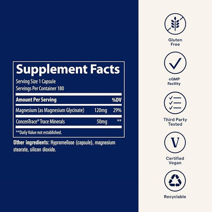 Trace Minerals Magnesium Glycinate 120mg - Bone Strength & Muscle Support - Magnesium Supplement to Aid Healthy Sleep Patterns & Relaxation - Support Nerve Function - 180 Capsules (180 Servings)