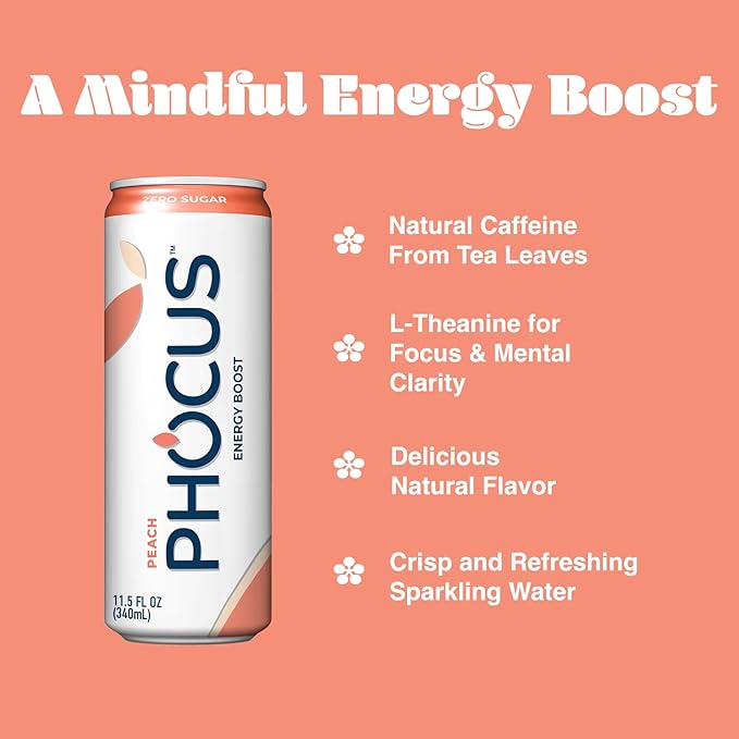 PHOCUS Caffeinated Sparkling Water, Peach, 75mg Natural Caffeine Plus L-Theanine, Zero Sugar, Zero Calories, No Artificial Sweeteners, 11.5 fl oz Cans (Pack of 12)
