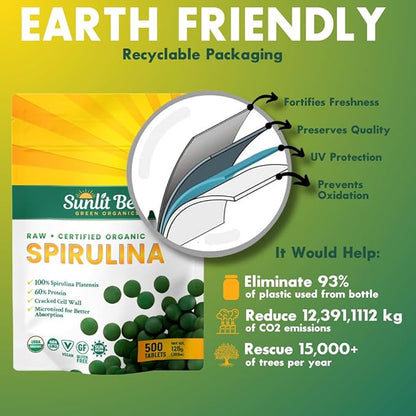 Sunlit Best Spirulina Tablets - Organic Spirulina Tablets USDA Premium 500 Count - Natural Spirulinas Organic Burst for Immune Support Muscle Growth, Energy Boost w/Chlorophyll - High Protein, Non GMO