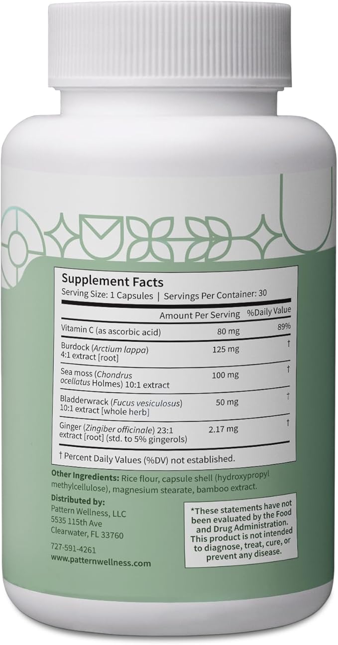 Pattern Wellness Sea Moss Complex - Organic Sea Moss, Burdock Root, Bladderwrack, Vitamin C, & Ginger Capsules - Immune Support, Digestive Health, Energy Support - Vegan, Non-GMO - 30 Capsules