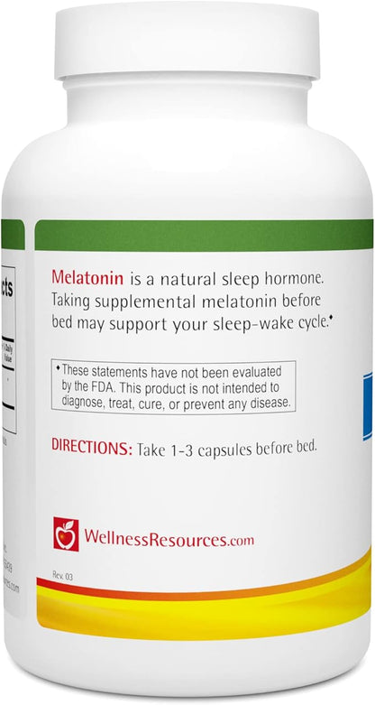 Wellness Resources 3 mg Melatonin Capsules - Natural Sleep Support Supplement - Gluten Free Sleep Aid, Preservative Free, Third-Party Tested, No Added Sugars Dye Free, 180 Capsules