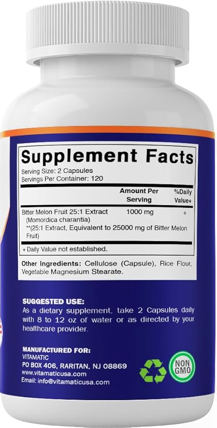 Vitamatic Bitter Melon- 25000 mg Equivalent Per Serving (from 25:1 Extract 1000 mg)- 240 Vegetarian Capsules, and Concentrated 25X Potency 100% Vegetarian, All-Natural and Non-GMO