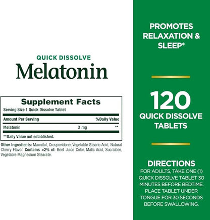 Nature's Bounty Melatonin, Promotes Relaxation & Sleep, 100% Drug Free Sleep Aid, 3 mg, 120 Quick Dissolve Tablets