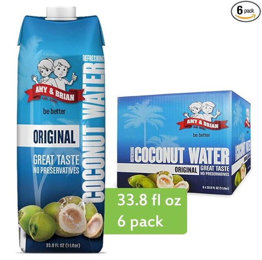 Amy & Brian Pure Coconut Water, 1 Liter (Pack of 6), Best Tasting Coconut Water, Non-GMO & No Added Sugar, Refreshing & Hydrating Real Coconut Water