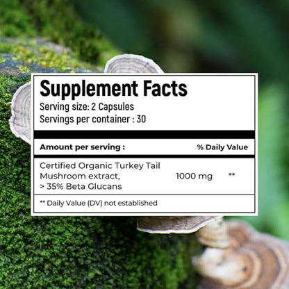 ROOTED Active's Turkey Tail Mushroom Extract Capsules (60 Veg Caps, 500 mg) | Heart Health, Stress Relief, Liver. USDA Organic, 35% Beta Glucans, Certified Organic