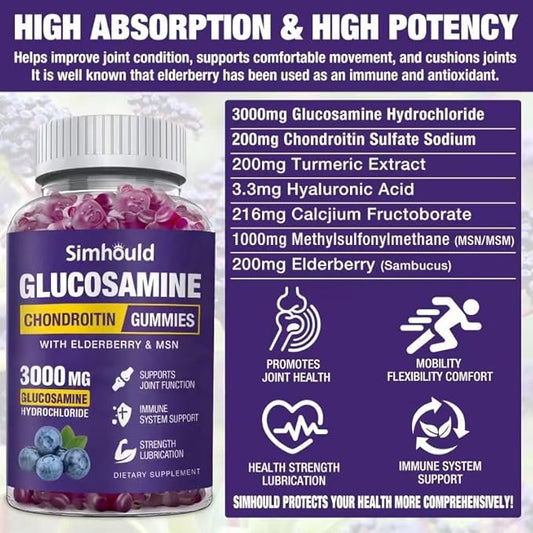 2 Packs Glucosamine Chondroitin Gummies - 3000MG Extra Strength Joint Support Supplement with MSM & Elderberry, Flexibility, Antioxidant Immune Support Gummy for Adults, Men & Women
