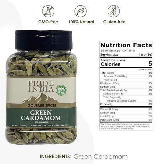 Pride of India – Green Cardamom Whole – Gourmet & Aromatic Spice – Flavoring agent for bakes/teas/drinks & more – Full Bodied Green Pods – 6 oz. Medium Dual Sifter Jar