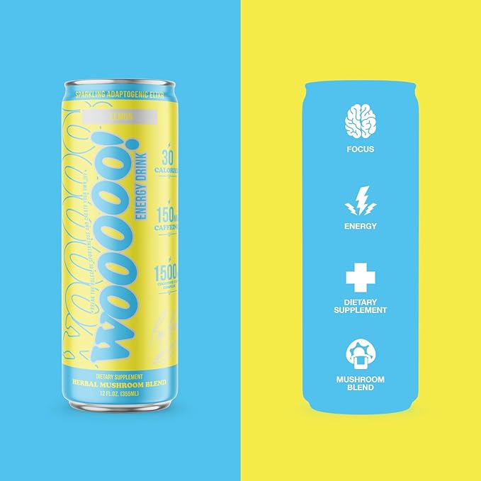 Wooooo! Energy Ric Flair Sparkling Adaptogenic Mushroom Energy Drink | Natural Antioxidants & Nootropics | Lion’s Mane & Cordyceps | 150mg Caffeine | 12 Pack (Lemon)
