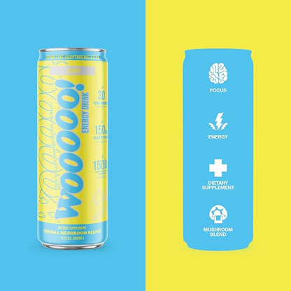 Wooooo! Energy Ric Flair Sparkling Adaptogenic Mushroom Energy Drink | Natural Antioxidants & Nootropics | Lion’s Mane & Cordyceps | 150mg Caffeine | 12 Pack (Lemon)