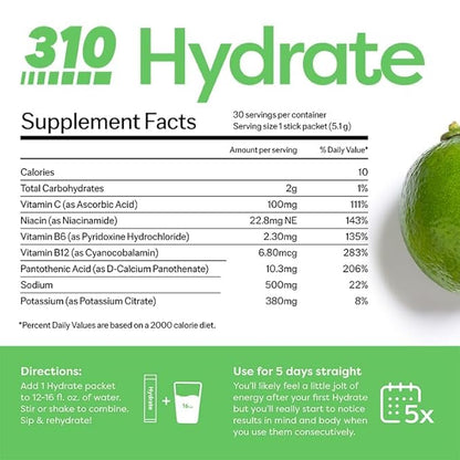 310 Hydrate Electrolyte Powder Packets – Key Vitamins & Minerals – No Sugar – Keto Friendly Hydration Drink – 30 Single Servings, Lemon Lime Flavor