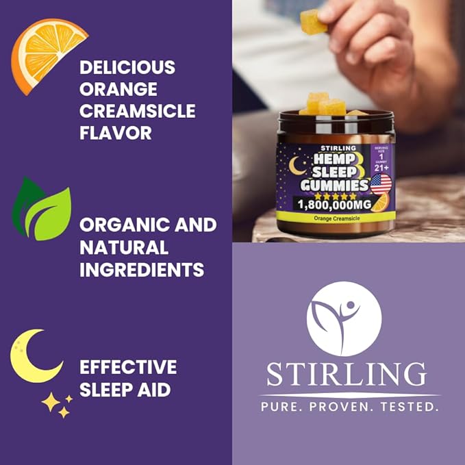STIRLING Sleep Gummies 1800000mg - Organic Hemp Sleep Gummies for Adults - Maximum Strength Sleep Gummies with Orange Creamcicle Flavor - Premium Hemp Sleep Gummies for Restful Nights