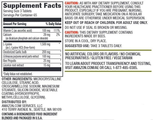 Amazon Elements Lysine Complex with Vitamin C for Immune Health Support, Vegetarian, 65 Servings, 195 Count (Packaging May Vary) (Pack of 2)