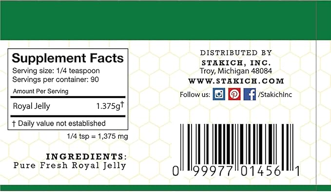 Stakich Fresh Royal Jelly - Pure, All Natural - No Additives/Flavors/Preservatives Added - 4 Ounce (114 Gram)
