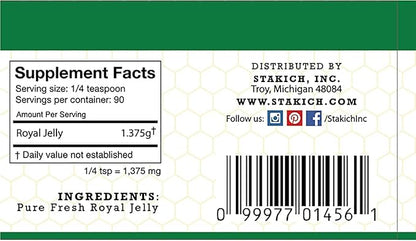 Stakich Fresh Royal Jelly - Pure, All Natural - No Additives/Flavors/Preservatives Added - 4 Ounce (114 Gram)
