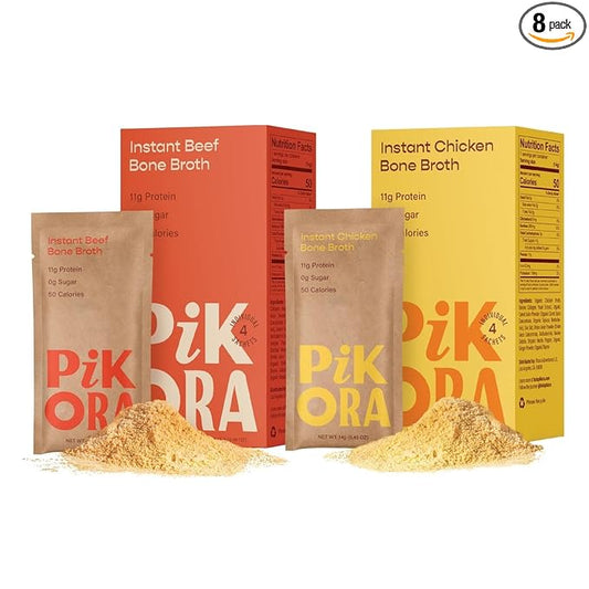 Pikora Bone Broth Sample Pack (2 Pack, 8 Servings) | High-Protein, Gluten-Free, Collagen-Rich, No Sugar, Keto & Paleo Friendly | 11g Protein, 50 Calories per Serving