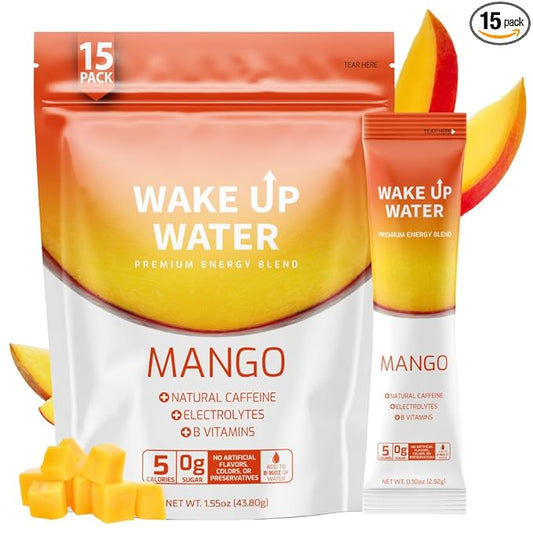 Wake Up Water - Energy + Hydration Sugar Free 15 Packs, Mango Flavor - Energy Drink Powder, Electrolytes Powder Drink, Natural Caffeine Mix Packet, B Vitamins, 5 Calories, Gluten Free - .10 oz (2.9g)