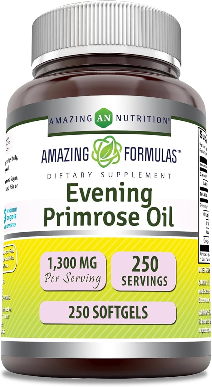 Amazing Formulas Evening Primrose Oil 1300mg, 10% GLA, Softgels Supplement | Hexane Free Cold Pressed Oil | Non-GMO | Gluten Free (250 Count)