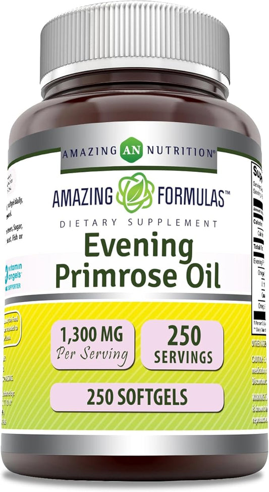 Amazing Formulas Evening Primrose Oil 1300mg, 10% GLA, Softgels Supplement | Hexane Free Cold Pressed Oil | Non-GMO | Gluten Free (250 Count)