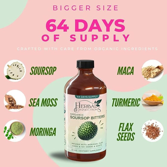 Soursop Bitters Liquid 32 Ounces - 64 Servings - 20 Herb Formula with Soursop, Moringa, Sea Moss, Turmeric, Ginger & Cayenne | Gut Health, Natural Cleanse & Daily Wellness | Vegan & Organic
