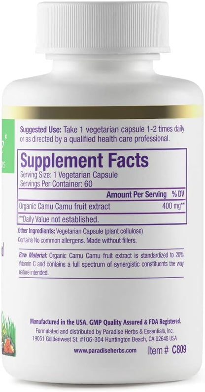 Paradise Herbs, Organic Camu Camu Extract, 400 mg, Rich in Vitamin C, Pure & Potent, Gluten Free, Non-GMO, Vegan, 60 Capsules
