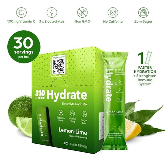 310 Hydrate Electrolyte Powder Packets – Key Vitamins & Minerals – No Sugar – Keto Friendly Hydration Drink – 30 Single Servings, Lemon Lime Flavor