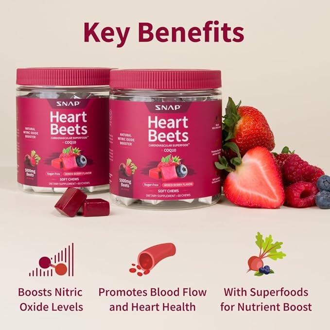 Snap Supplements Heart Beets Organic Beet Root Soft Chews, Cardiovascular Support Supplement for Men & Women, CoQ10 & Red Spinach, Heart Health & Circulation Support, Sugar Free, Mixed Berry, 60 Chews