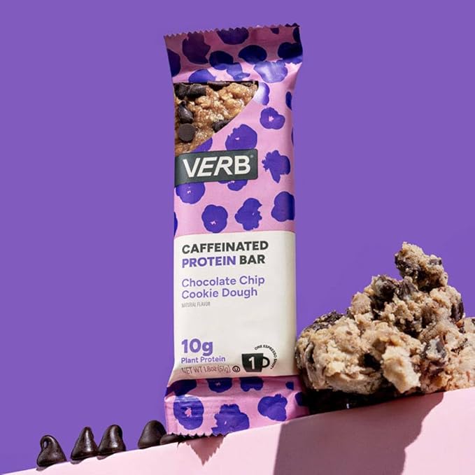 Verb Energy - Caffeinated Protein Bars Chocolate Chip Cookie Dough 190-Calorie Low Sugar 10g Protein Bar - Vegan Snacks - Gluten Free Breakfast Bars with Organic Green Tea, 51g Per Bar (Pack of 12)
