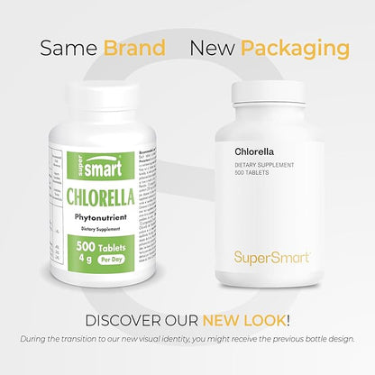 Supersmart - Chlorella Supplement 4 g per Day (Easy-to-Take) - Rich in Vitamin B2, B9, B12 & Iron - High Chlorophyll Concentration | Non-GMO & Gluten Free - 500 Tablets