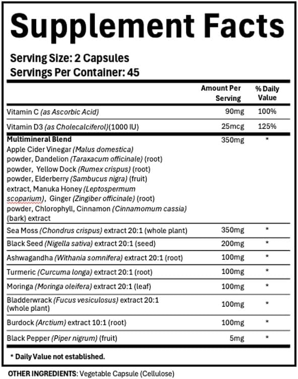 Adndale Sea Moss Black Seed Oil Ashwagandha Ginger Capsules, Sea Moss Capsules with Black Seed Oil, Ashwagandha, Turmeric, Moringa, Bladderwrack, Burdock Root, Manuka Honey, Cinnamon, 180 Count