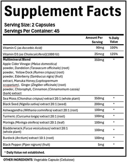 Adndale Sea Moss Black Seed Oil Ashwagandha Ginger Capsules, Sea Moss Capsules with Black Seed Oil, Ashwagandha, Turmeric, Moringa, Bladderwrack, Burdock Root, Manuka Honey, Cinnamon, 180 Count