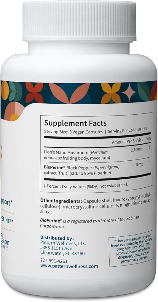 Pattern Wellness Lion’s Mane Mushroom – Supplement Capsules for Cognitive & Focus Support – Enhanced Absorption – 90 Vegan Capsules