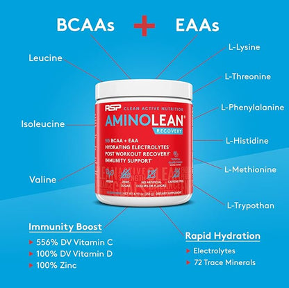 AminoLean Hydrating Electrolyte Powder and Recovery Drink with Sea Minerals, Nootropic Mushrooms, and Vegan Amino Acids, BCAAs + EAAs for Post Workout Muscle Building, Tropical Punch