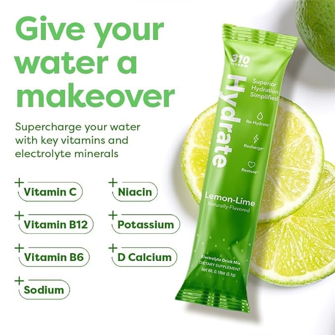 310 Hydrate Electrolyte Powder Packets – Key Vitamins & Minerals – No Sugar – Keto Friendly Hydration Drink – 30 Single Servings, Lemon Lime Flavor
