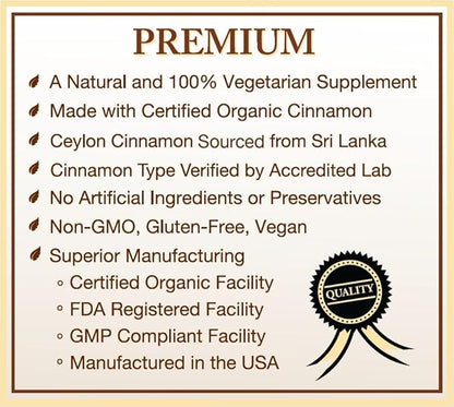 USDA Certified Organic Ceylon Cinnamon Capsules, Non-GMO Verified Supplement - 120 Capsules, 2 Month Supply