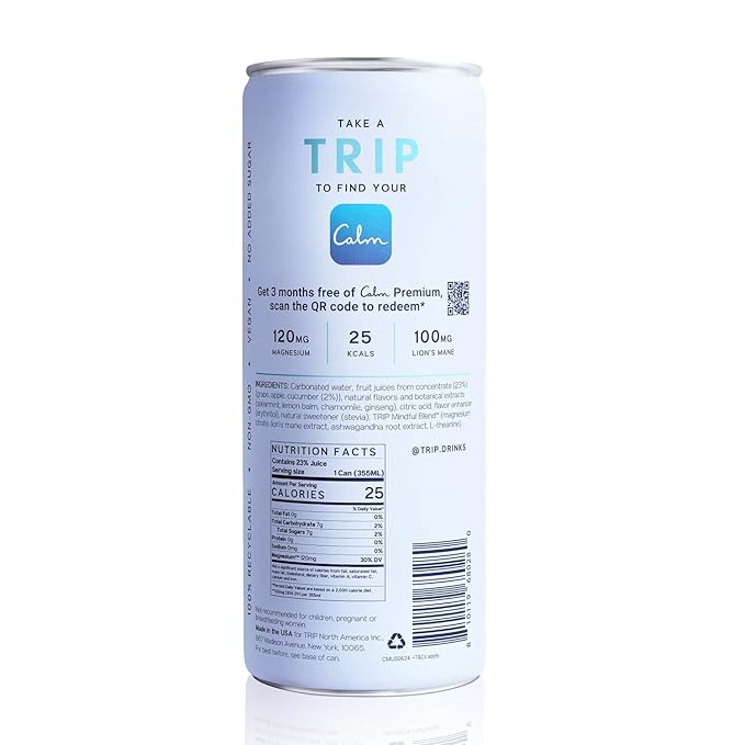 Trip Mindful Blend, Lightly Sparkling Adaptogen Seltzer, Mocktail w/ 120mg Magnesium Citrate with Ashwagandha, Lions Mane & L Theanine, No Added Sugar, Vegan, Melon Cucumber, 12 Oz, 12Pk