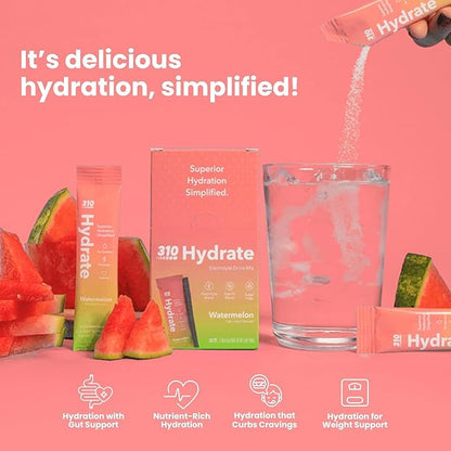 310 Hydrate Watermelon Electrolytes Powder Packets - No Sugar Hydration Packets with Key Vitamins & Minerals - Keto Friendly - Tasty Sugar Free Electrolyte Drink - 30 Single Servings