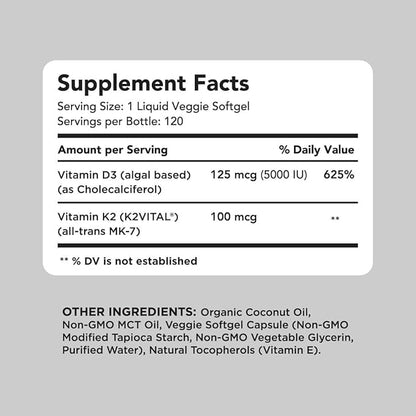 AMANDEAN Vegan Vitamin D3 K2. 5000 iu from Algae. All-Trans MK-7. 120 Softgels. Plant-Based & Carrageenan Free. Organic Coconut Oil Blend. for Mood, Bones, Heart, Immune Health (Packaging May Vary)