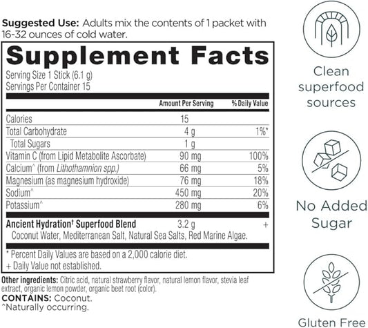 Ancient Nutrition Rapid Hydration Powder, Strawberry Lemonade, Electrolytes from Natural Sea Salts and Red Marine Algae, Supports Rapid Body Hydration and Cellular Health, 15 Servings